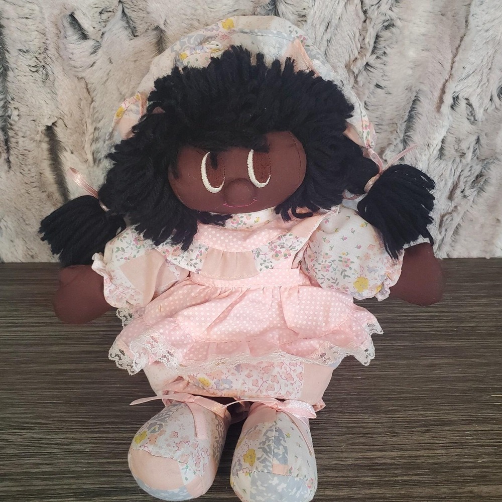 Vintage African American Cloth Rag Doll 12" Yarn Hair Big Eyes Priscilla Larsen